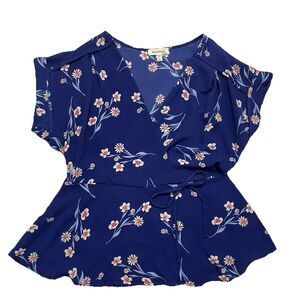 Monteau Royal Blue Spring FloralV Neck Tie Side Blouse Size XL